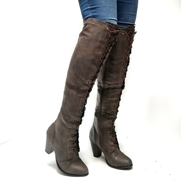 New Brown Over Knee Combat Lace Up Heel Boots - Picture 2 of 5
